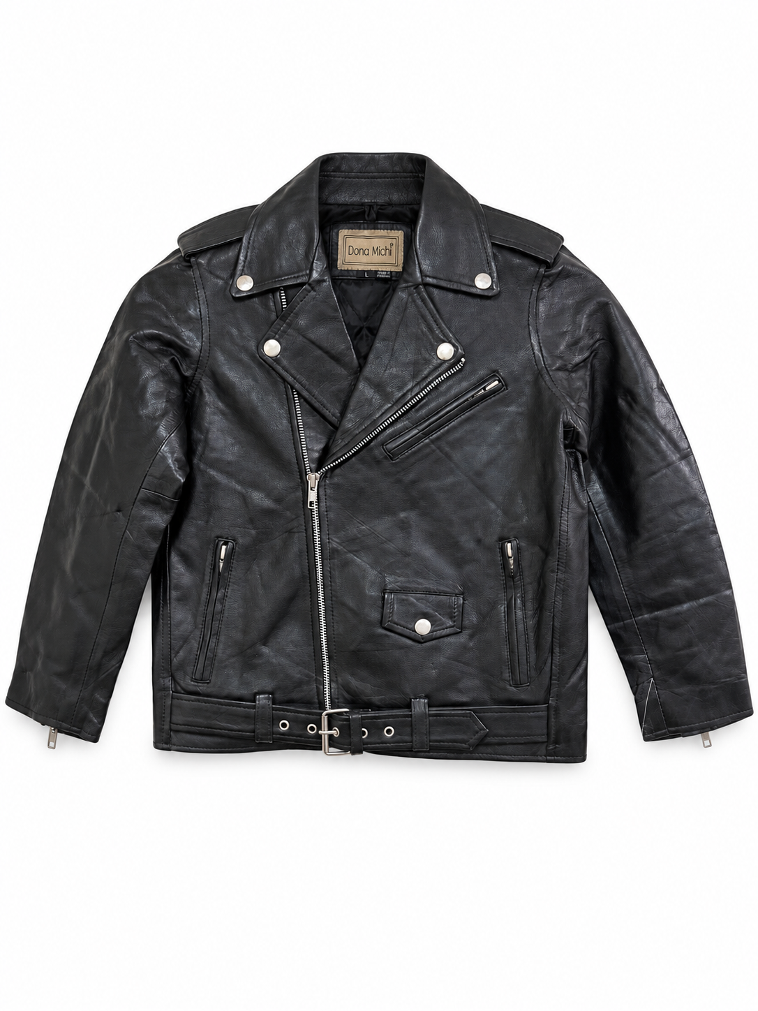Black Genuine Leather Biker Jacket with Asymmetrical Zip, Belt, and Multiple Pockets
