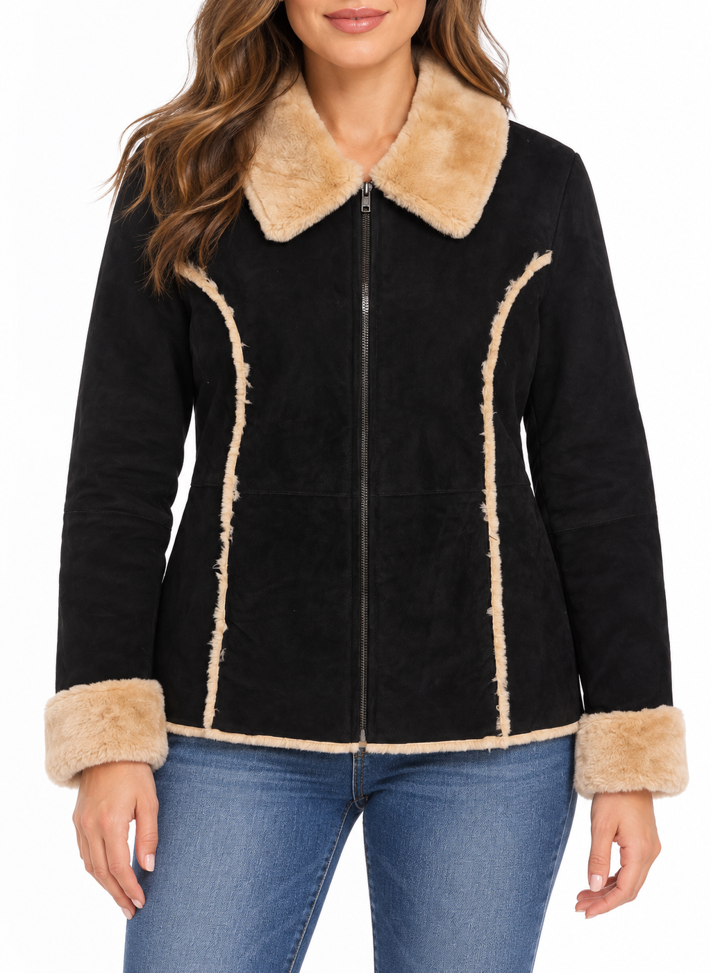 Women’s Genuine Suede Jacket with Plush Faux-Fur Lining, Tan Faux-Fur Collar and Cuffs, Full-Zip Front