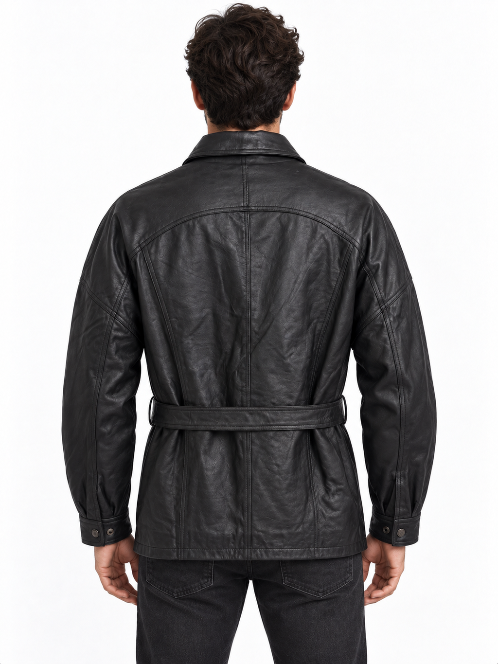 Title: Men’s Genuine Black Leather Belted 3/4-Length Jacket Trench Coat