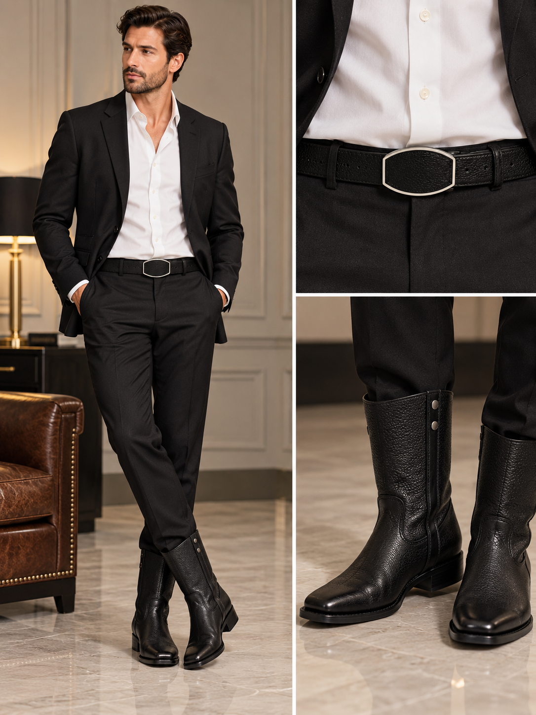 Men’s Genuine Leather Black Cowboy Boots Square Toe Western Side Zip Boots