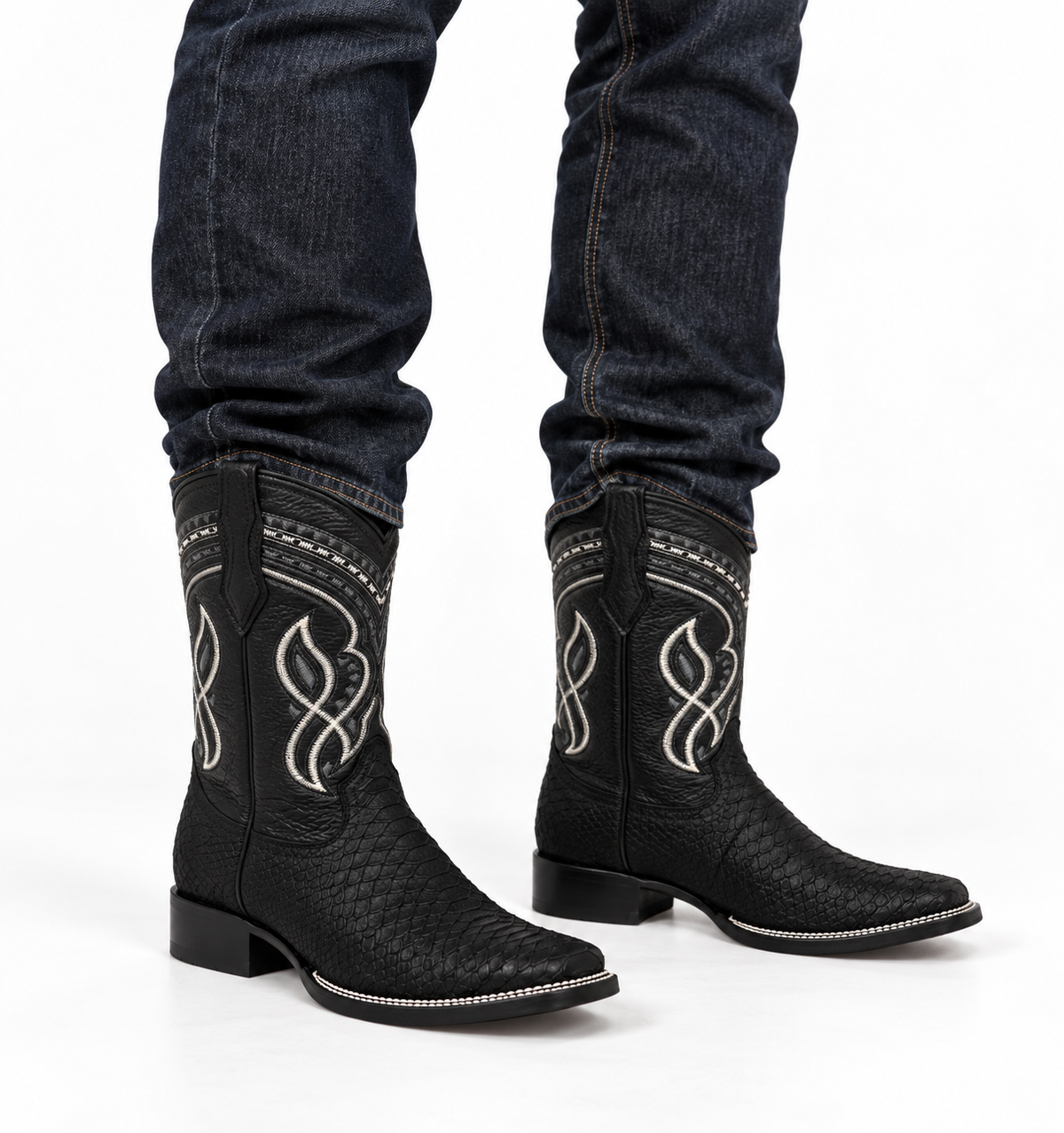 Men’s Genuine Leather Rodeo Cowboy Boots Black Python Print Embroidered