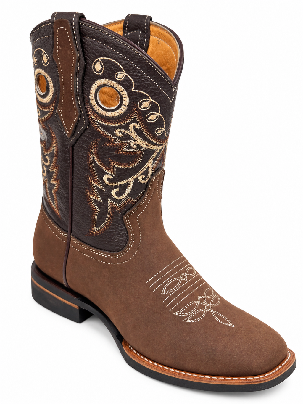 Junior Genuine Leather Western Cowboy Boots – Brown Embroidered Square Toe