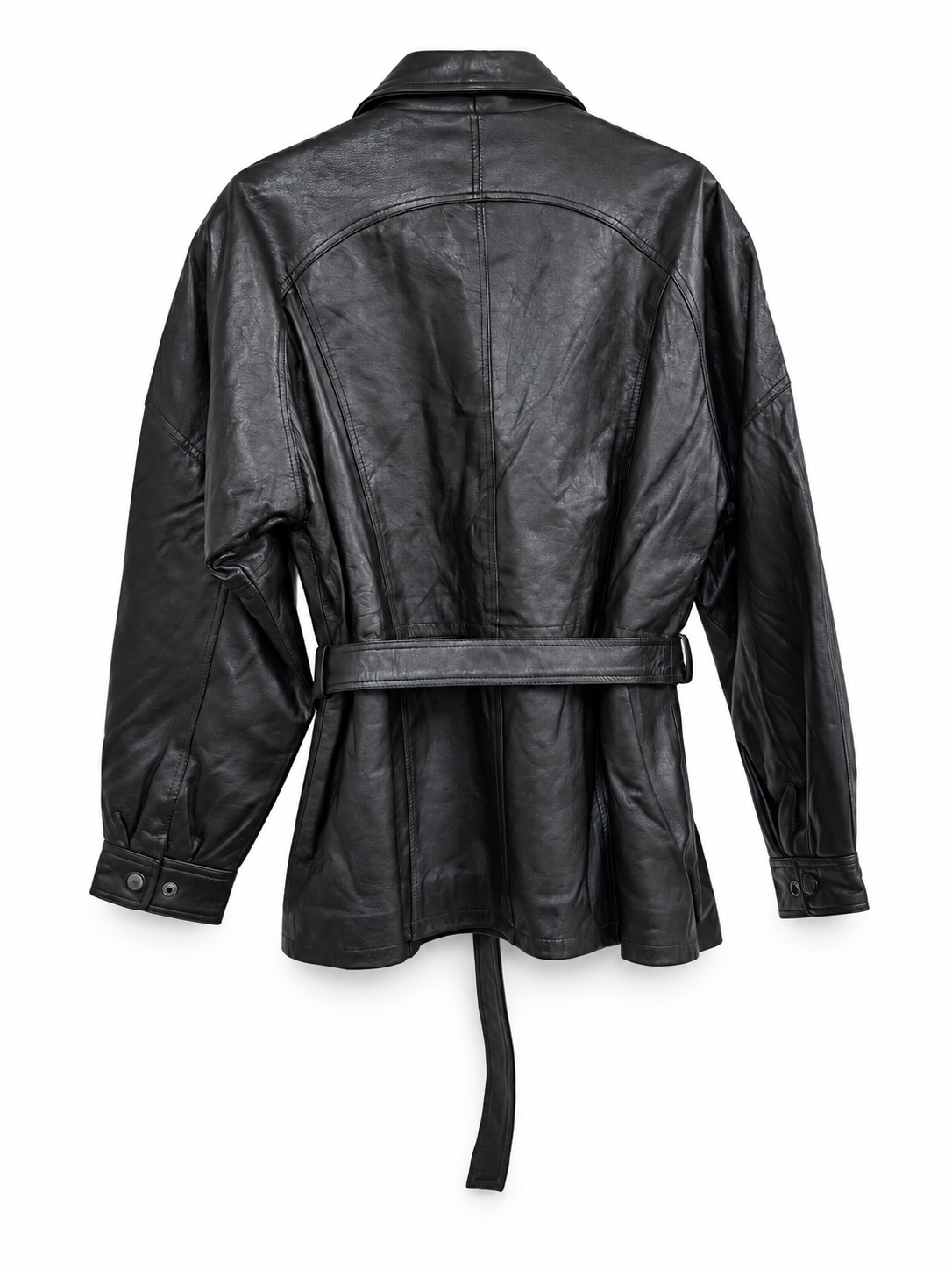 Title: Men’s Genuine Black Leather Belted 3/4-Length Jacket Trench Coat