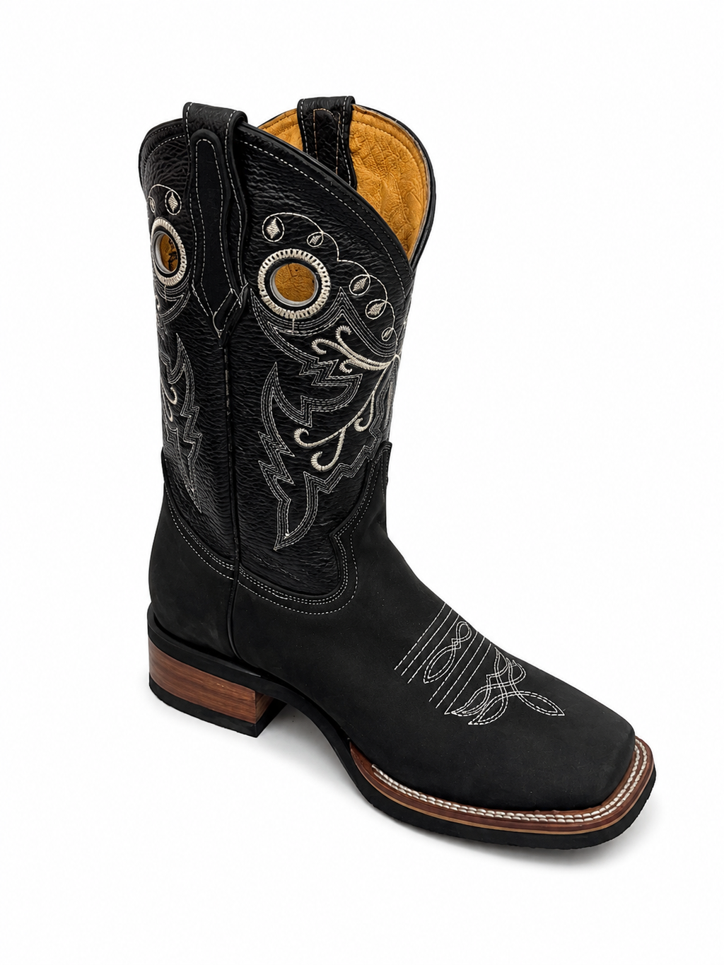 Men’s Genuine Leather Cowboy Rodeo Boots – Black Square Toe Western Boots