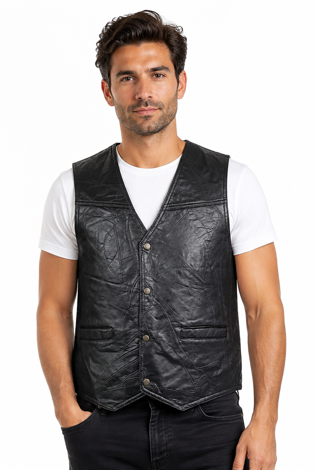 Men’s Genuine Leather Patchwork Vest – Black Snap-Front Western Biker Waistcoat with Pockets