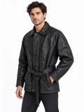 Title: Men’s Genuine Black Leather Belted 3/4-Length Jacket Trench Coat