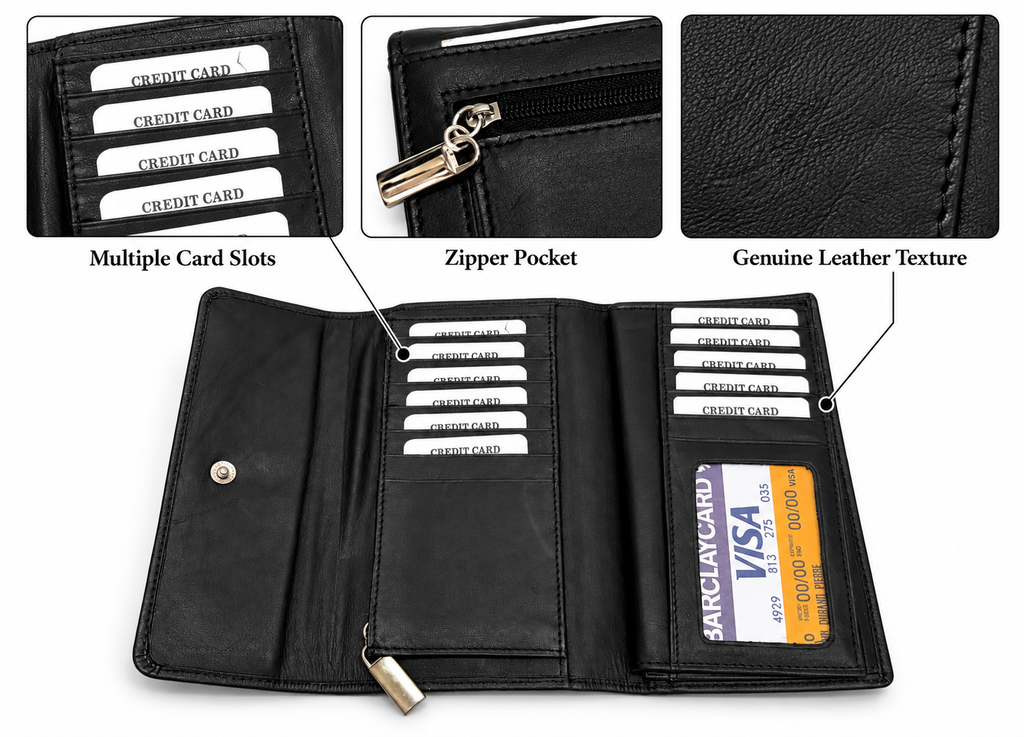 Women’s Genuine Leather Black Long Wallet
