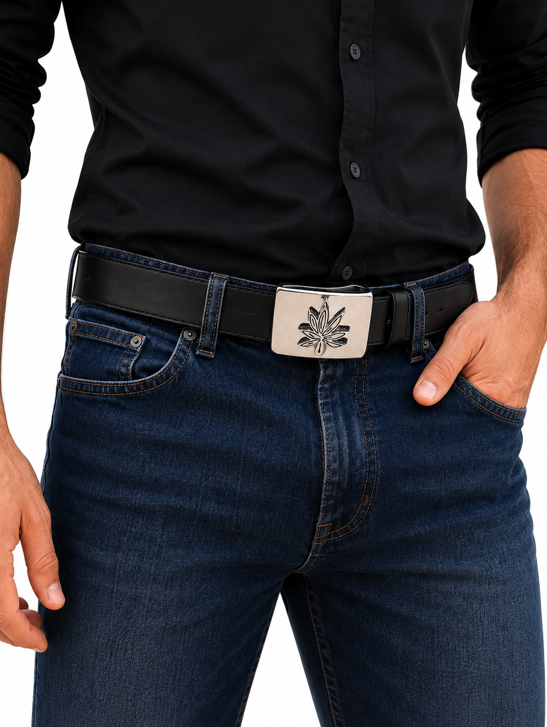 Men’s Leather Belt – Silver-Tone Leaf Design Buckle