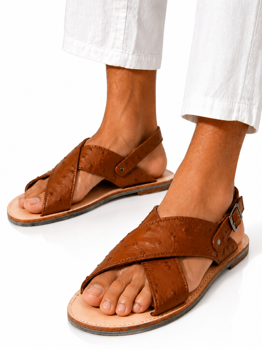 Premium Ostrich Leather Sandals Men Cross Strap Rubber Sole Made in USA