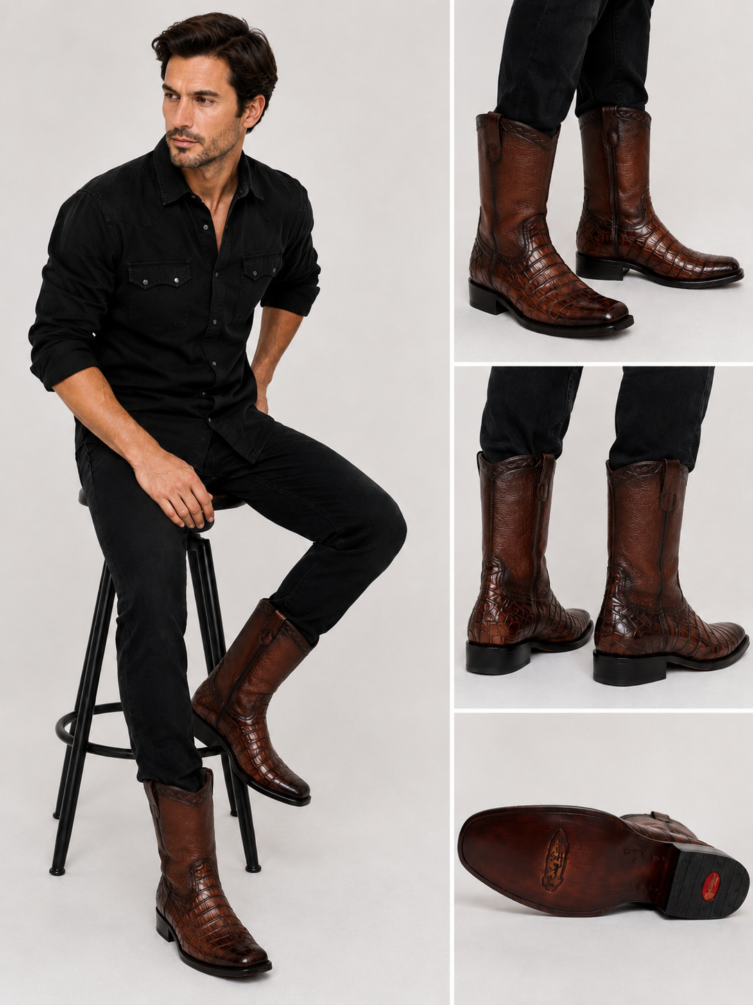 Men’s Genuine Cowhide Leather Crocodile Print Ankle Boots – Side Zipper Leather Sole Western Boots