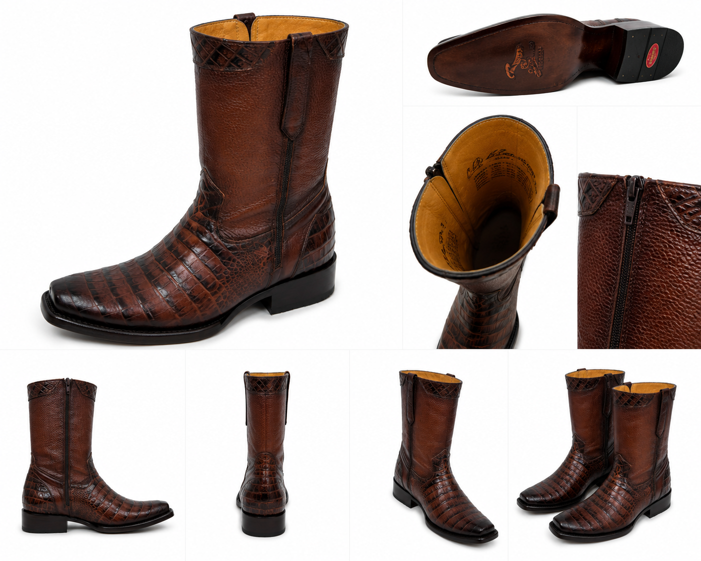 Men’s Genuine Cowhide Leather Crocodile Print Ankle Boots – Side Zipper Leather Sole Western Boots