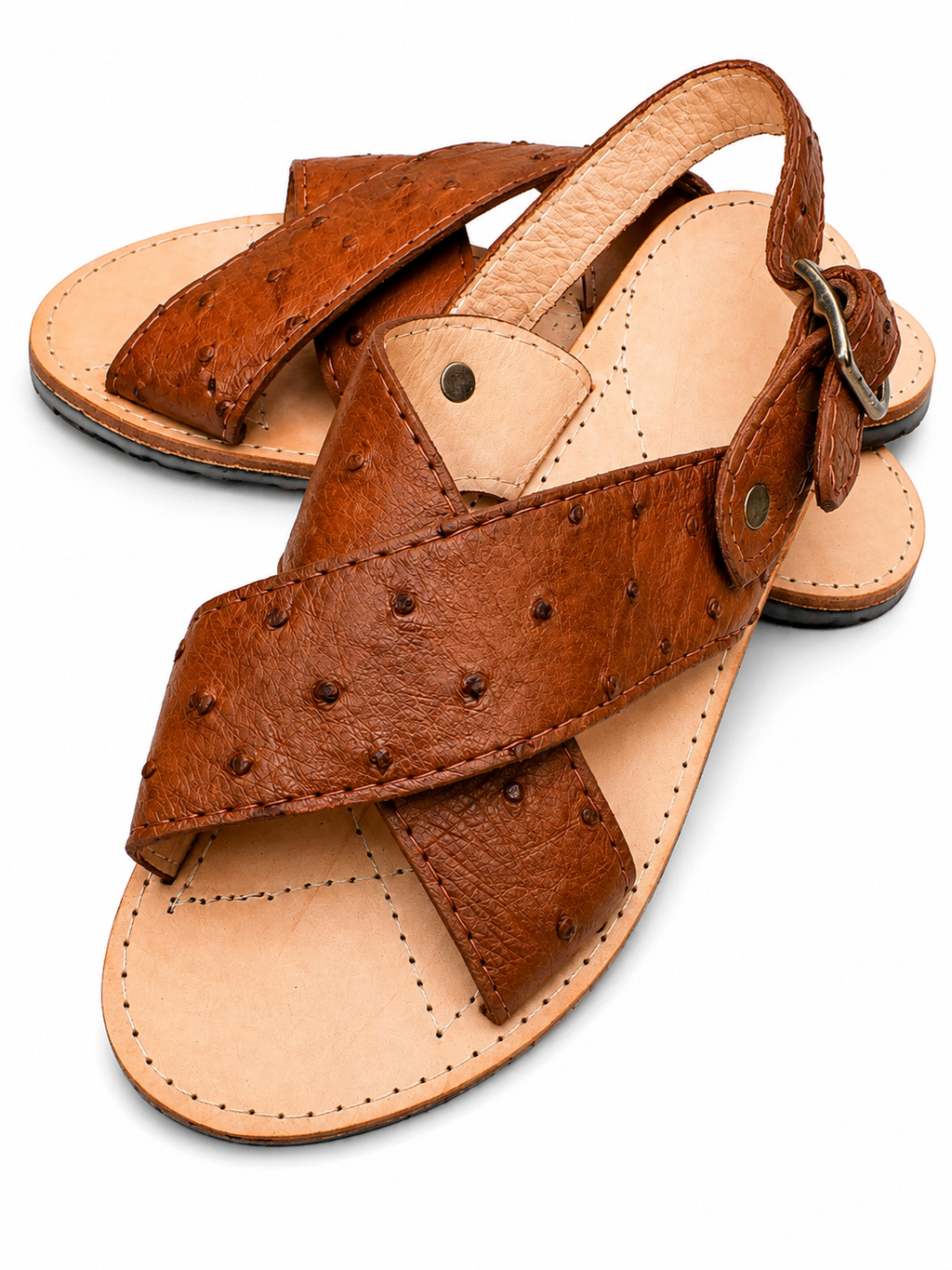 Premium Ostrich Leather Sandals Men Cross Strap Rubber Sole Made in USA