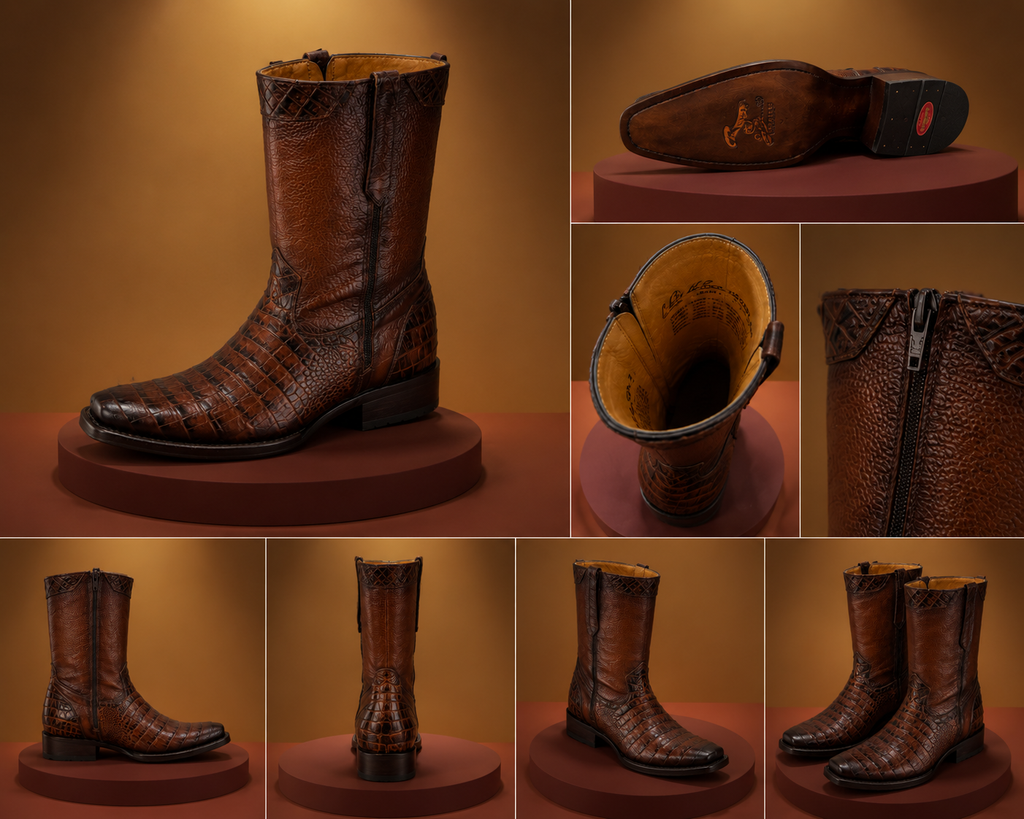 Men’s Genuine Cowhide Leather Crocodile Print Ankle Boots – Side Zipper Leather Sole Western Boots
