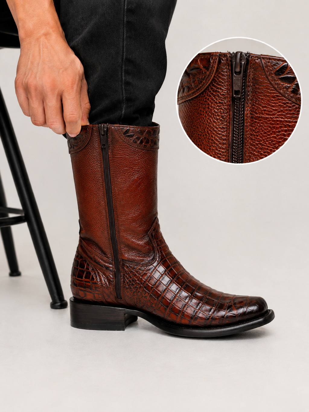 Men’s Genuine Cowhide Leather Crocodile Print Ankle Boots – Side Zipper Leather Sole Western Boots