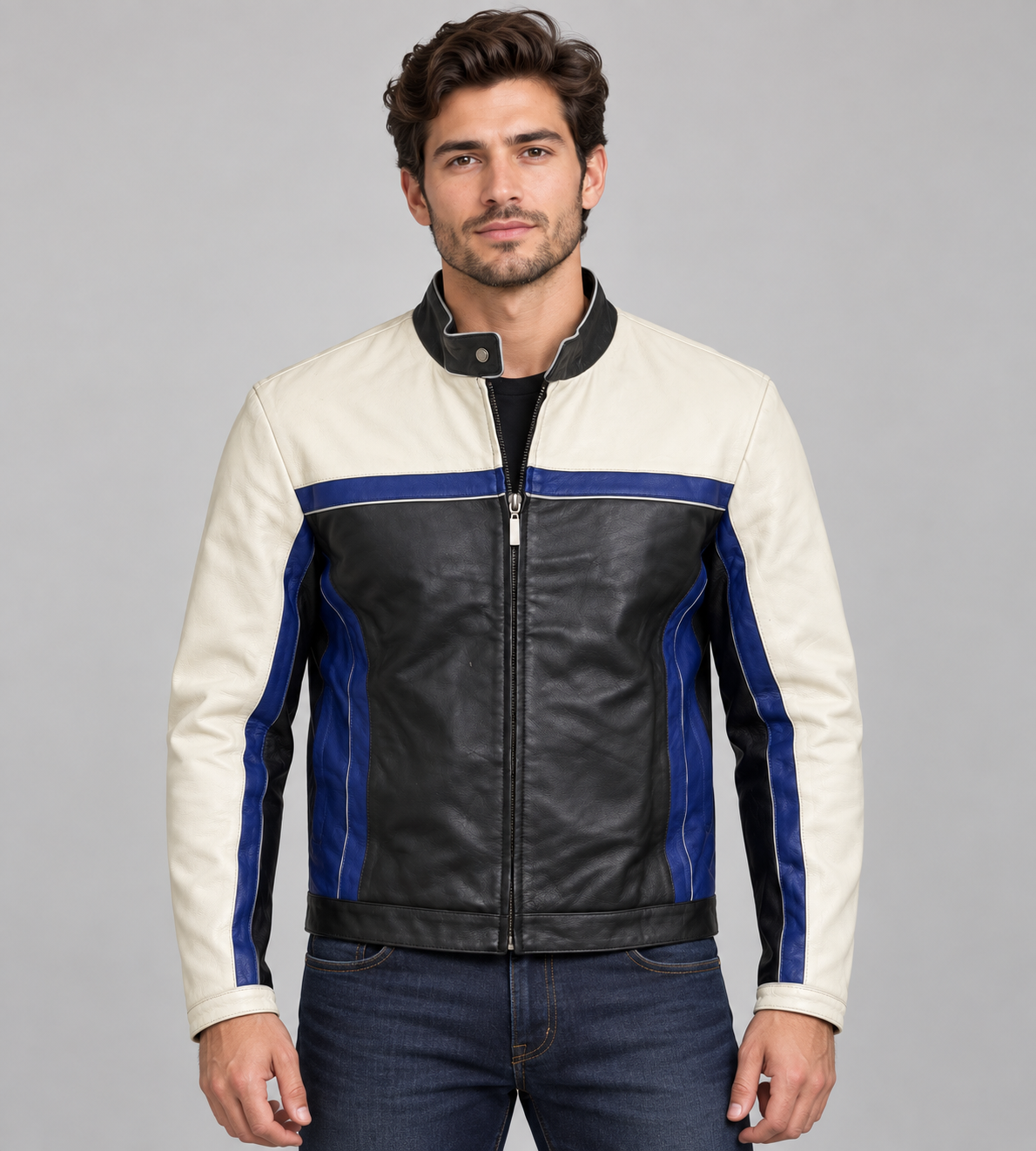 Men’s Genuine Leather Racing Jacket, Black, Blue & Ivory Colorblock Motorcycle Style, Full-Zip Stand Collar