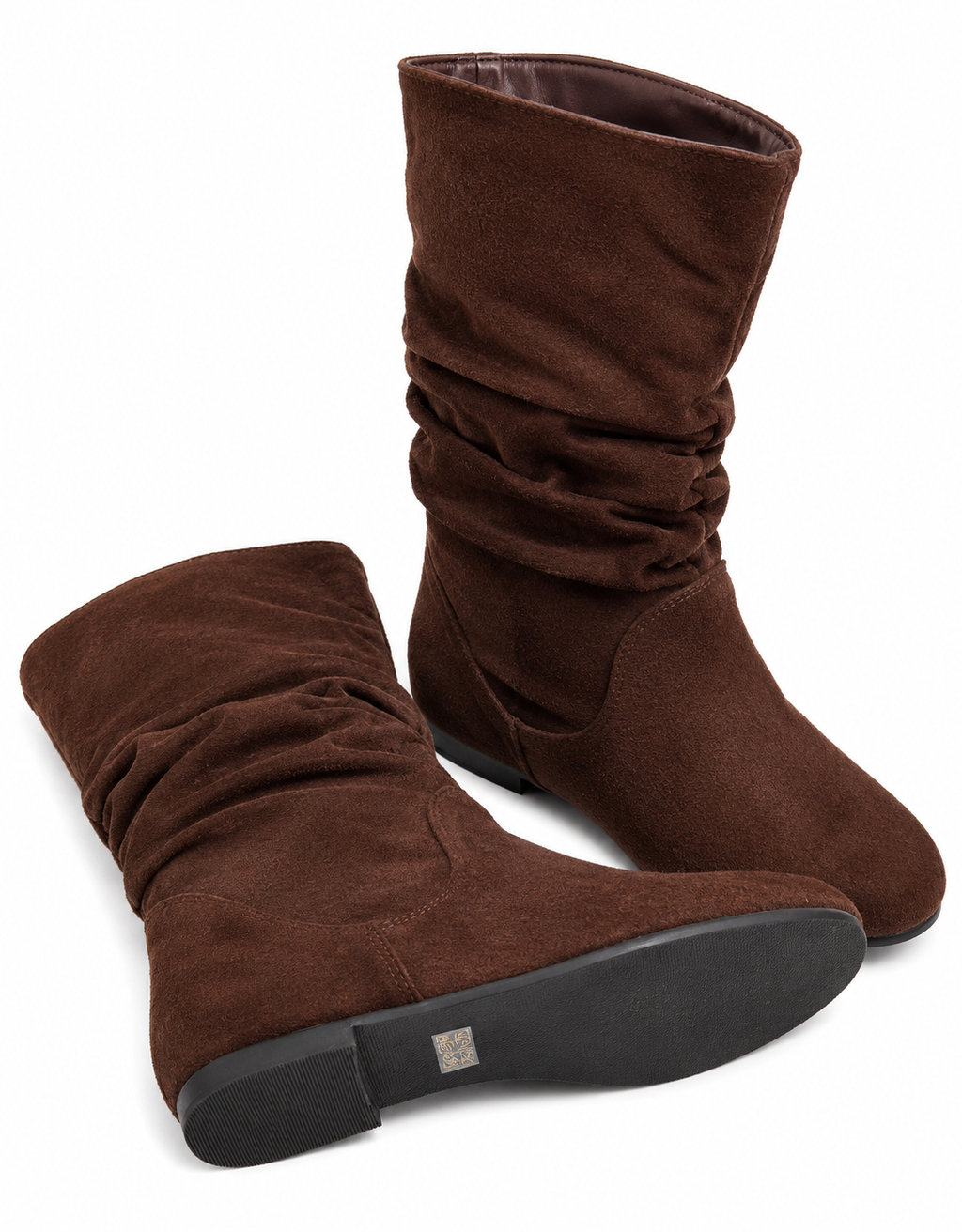 Women’s Brown Faux Suede Slouch Boots – 7-Inch Shaft, Round Toe Flat Boots