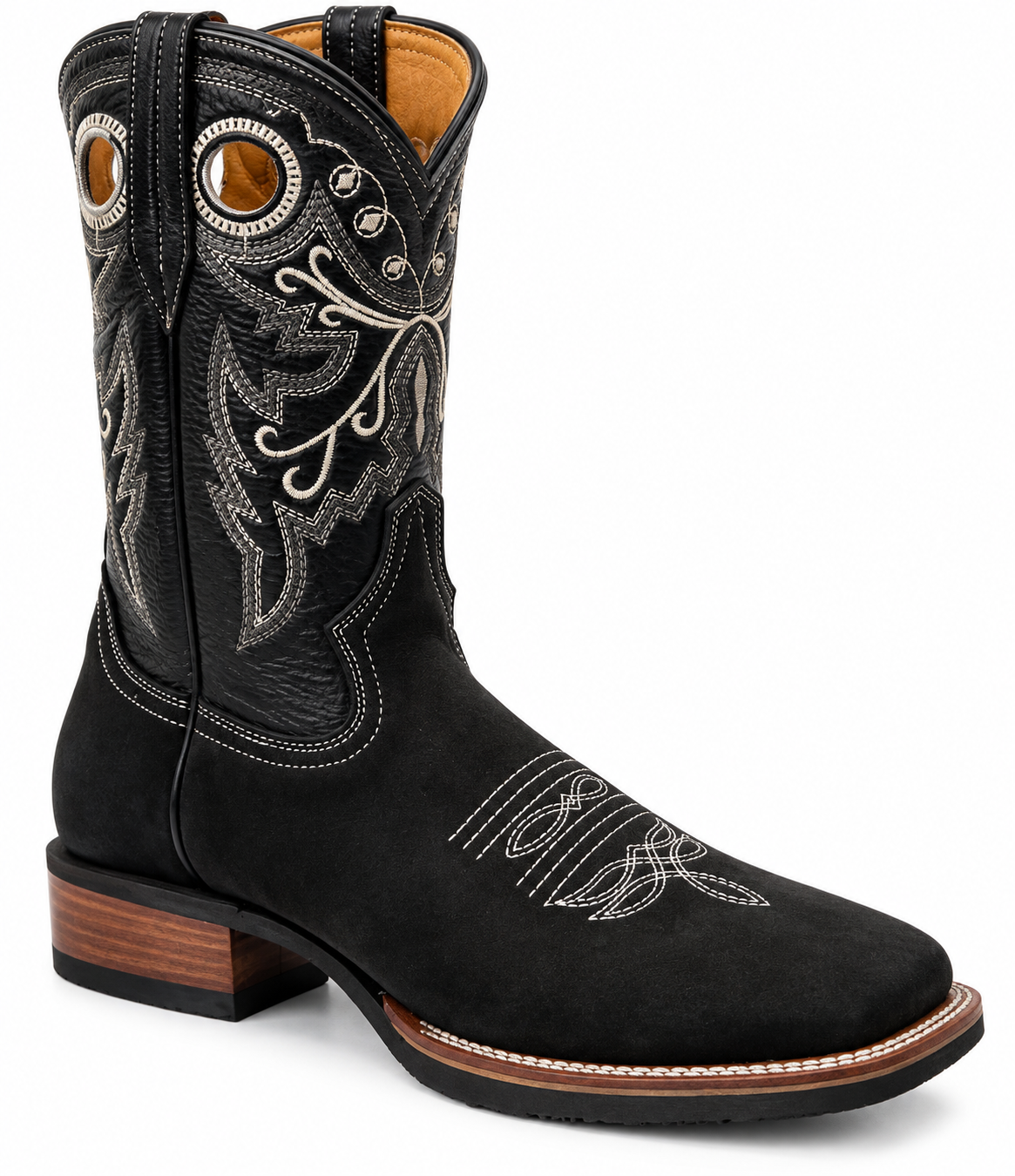 Men’s Genuine Leather Cowboy Rodeo Boots – Black Square Toe Western Boots