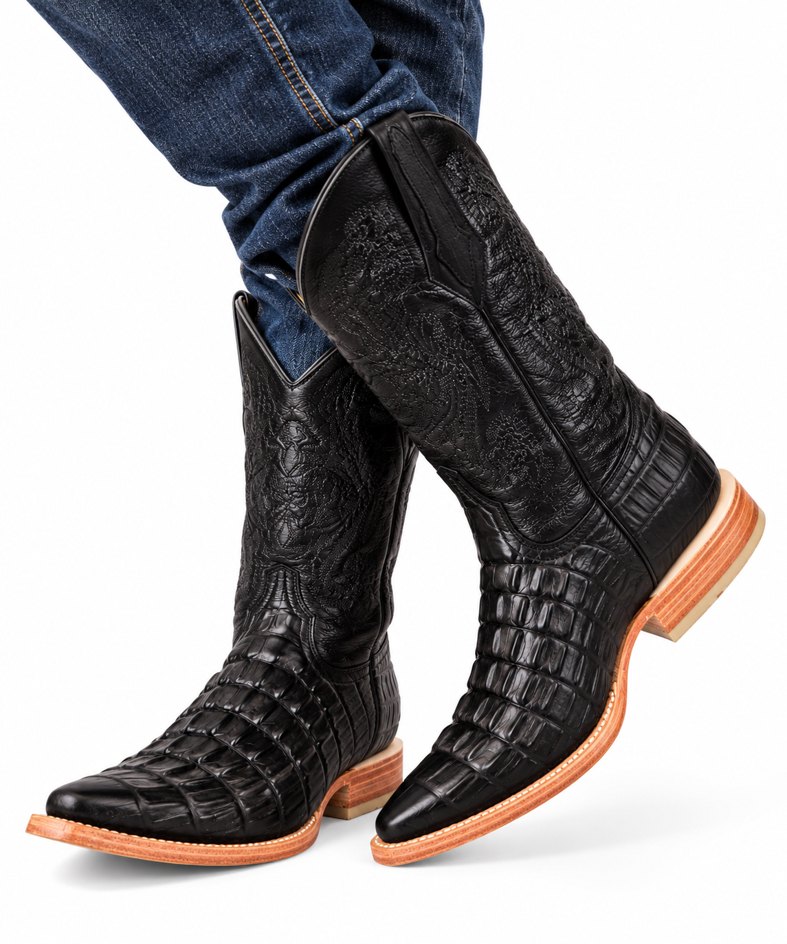 Men’s Black Genuine Leather Exotic Print Western Cowboy Boots