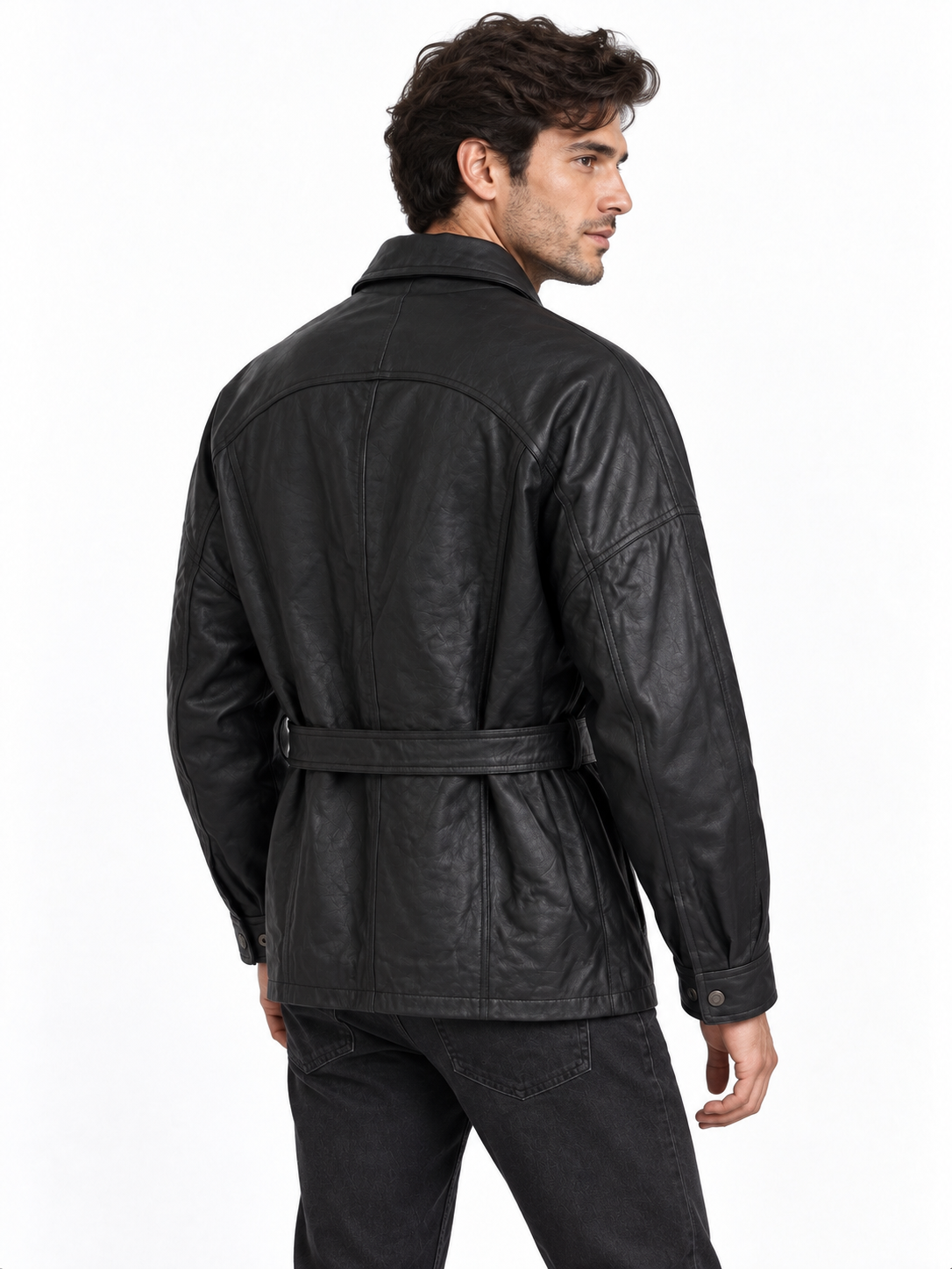 Title: Men’s Genuine Black Leather Belted 3/4-Length Jacket Trench Coat