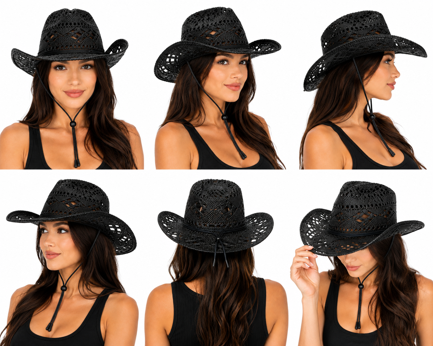 Women’s Black Woven Straw Cowboy Hat with Chin Strap – Western Cowgirl Sun Hat, Lightweight Breathable Summer Hat