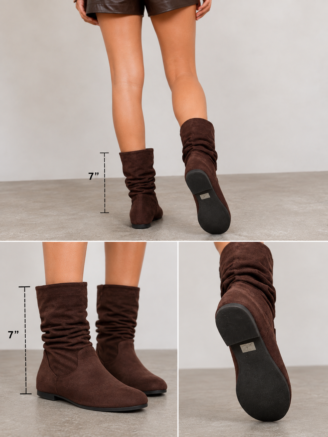 Women’s Brown Faux Suede Slouch Boots – 7-Inch Shaft, Round Toe Flat Boots