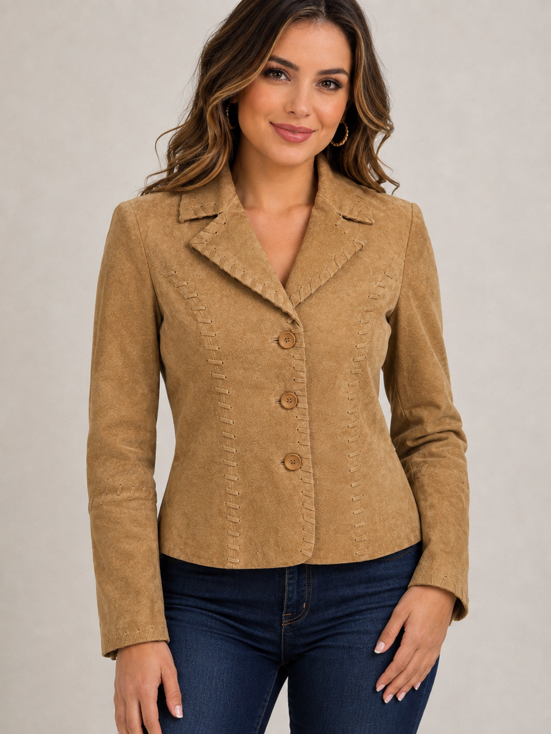 Women’s Genuine Tan Suede Leather Jacket – Button