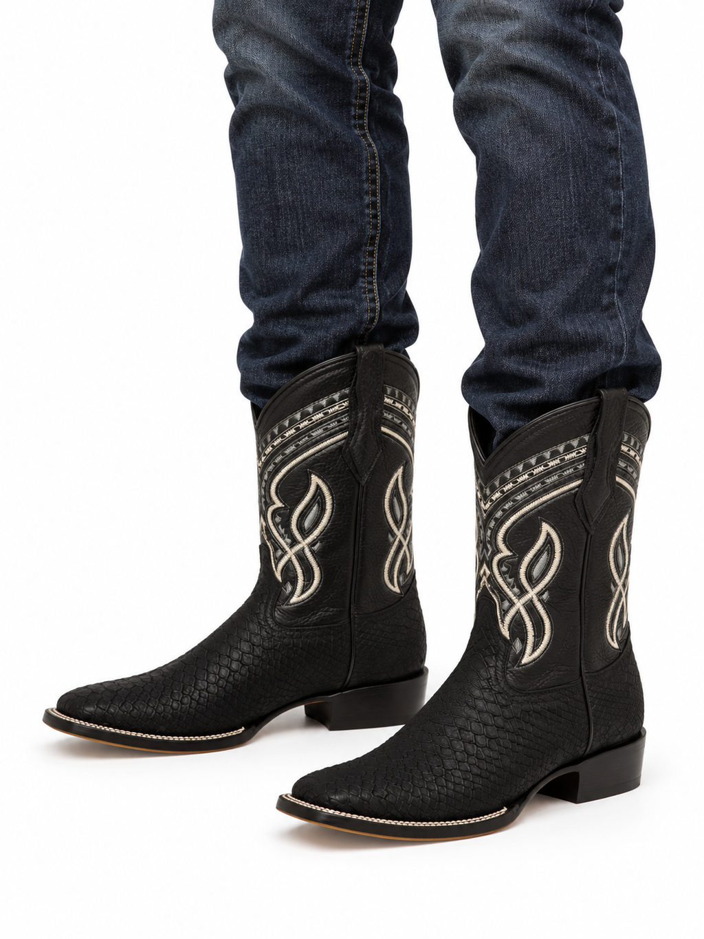 Men’s Genuine Leather Rodeo Cowboy Boots Black Python Print Embroidered