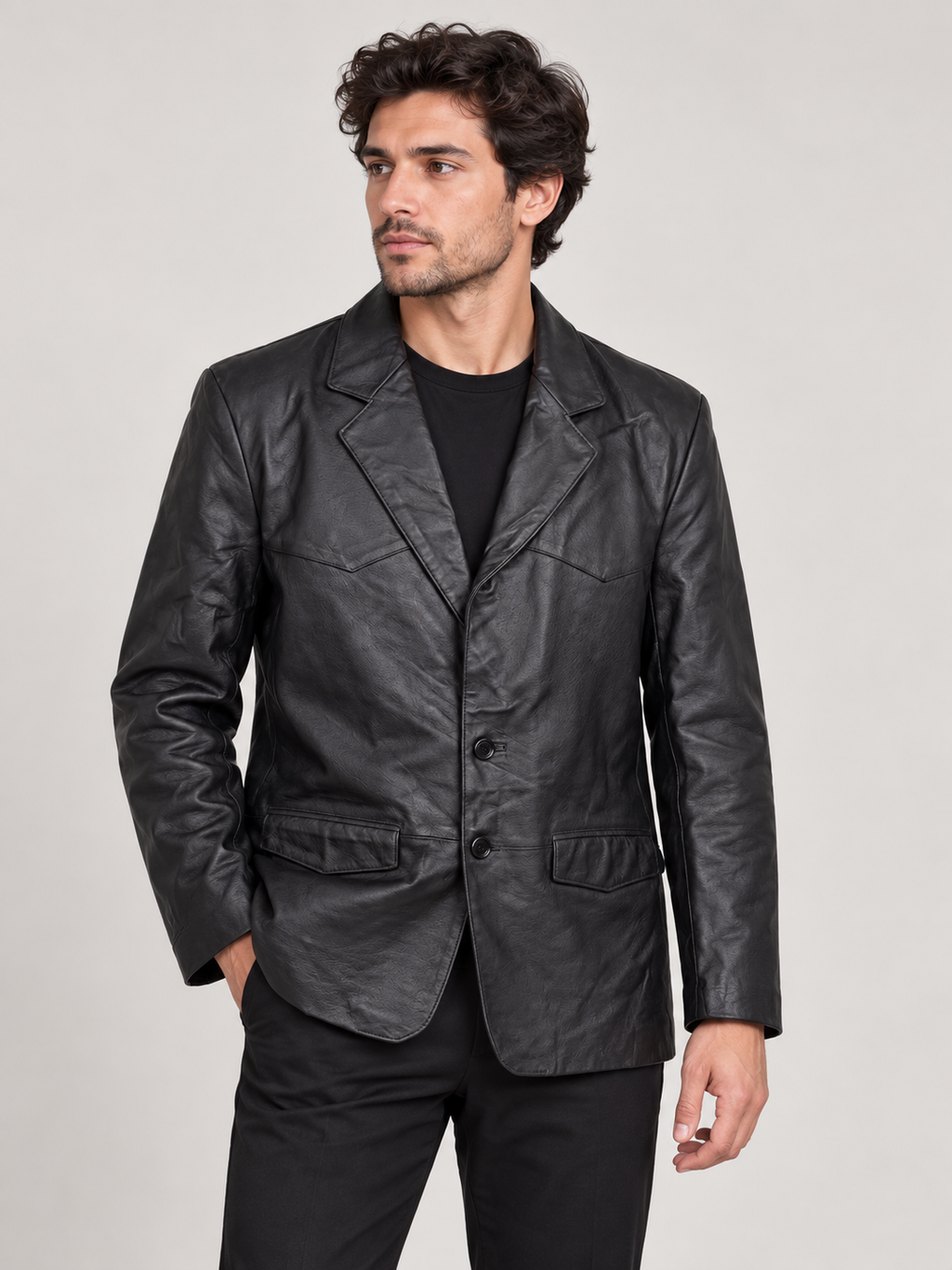 Men’s Genuine Leather Blazer Jacket, Black, Size XL