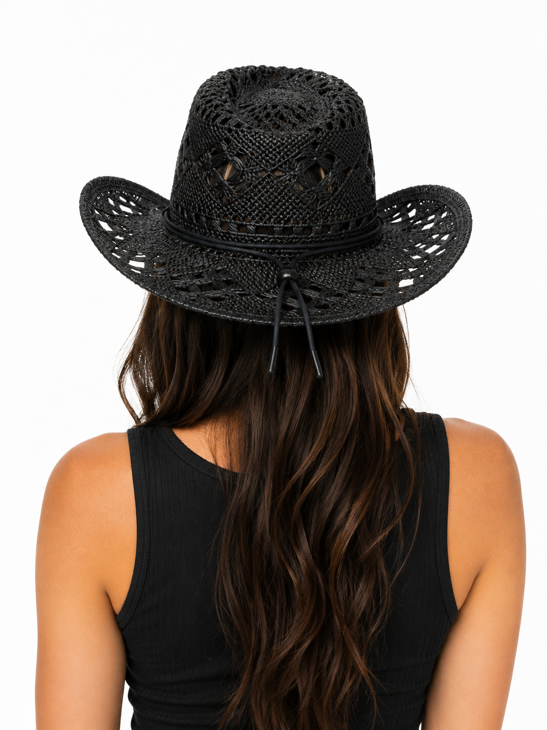 Women’s Black Woven Straw Cowboy Hat with Chin Strap – Western Cowgirl Sun Hat, Lightweight Breathable Summer Hat