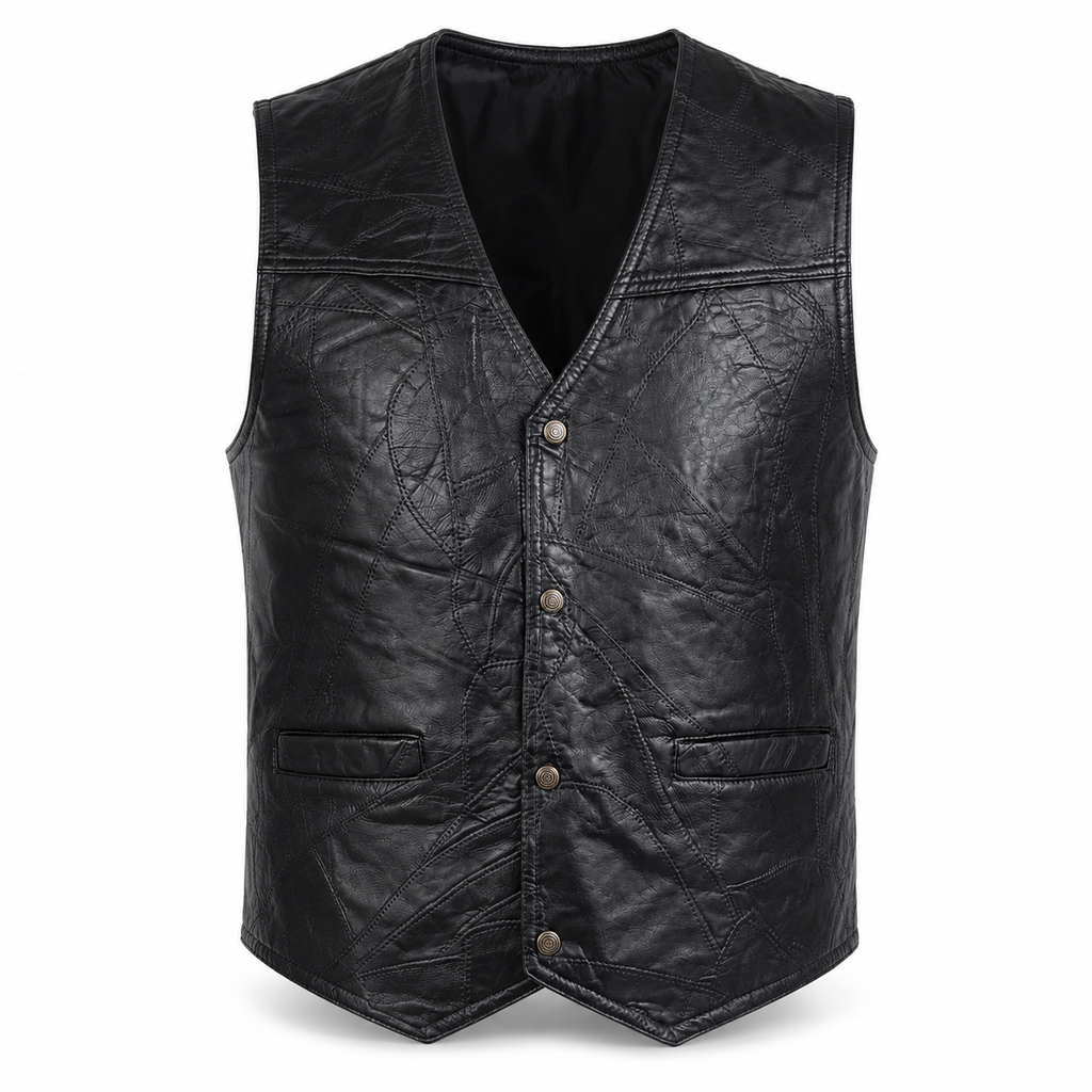 Men’s Genuine Leather Patchwork Vest – Black Snap-Front Western Biker Waistcoat with Pockets