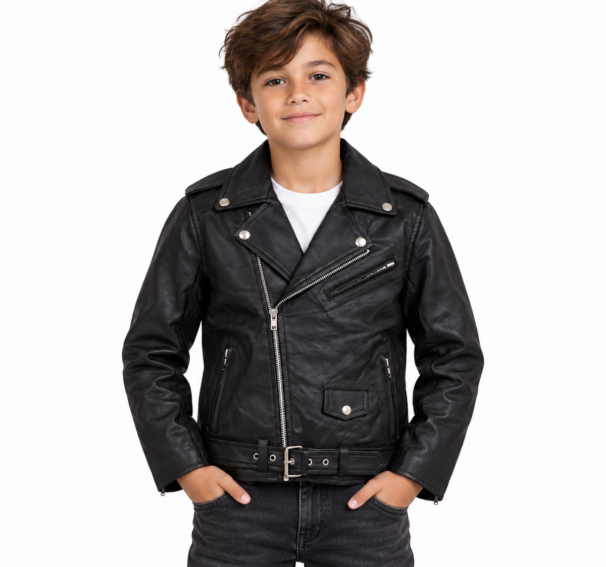 Black Genuine Leather Biker Jacket with Asymmetrical Zip, Belt, and Multiple Pockets