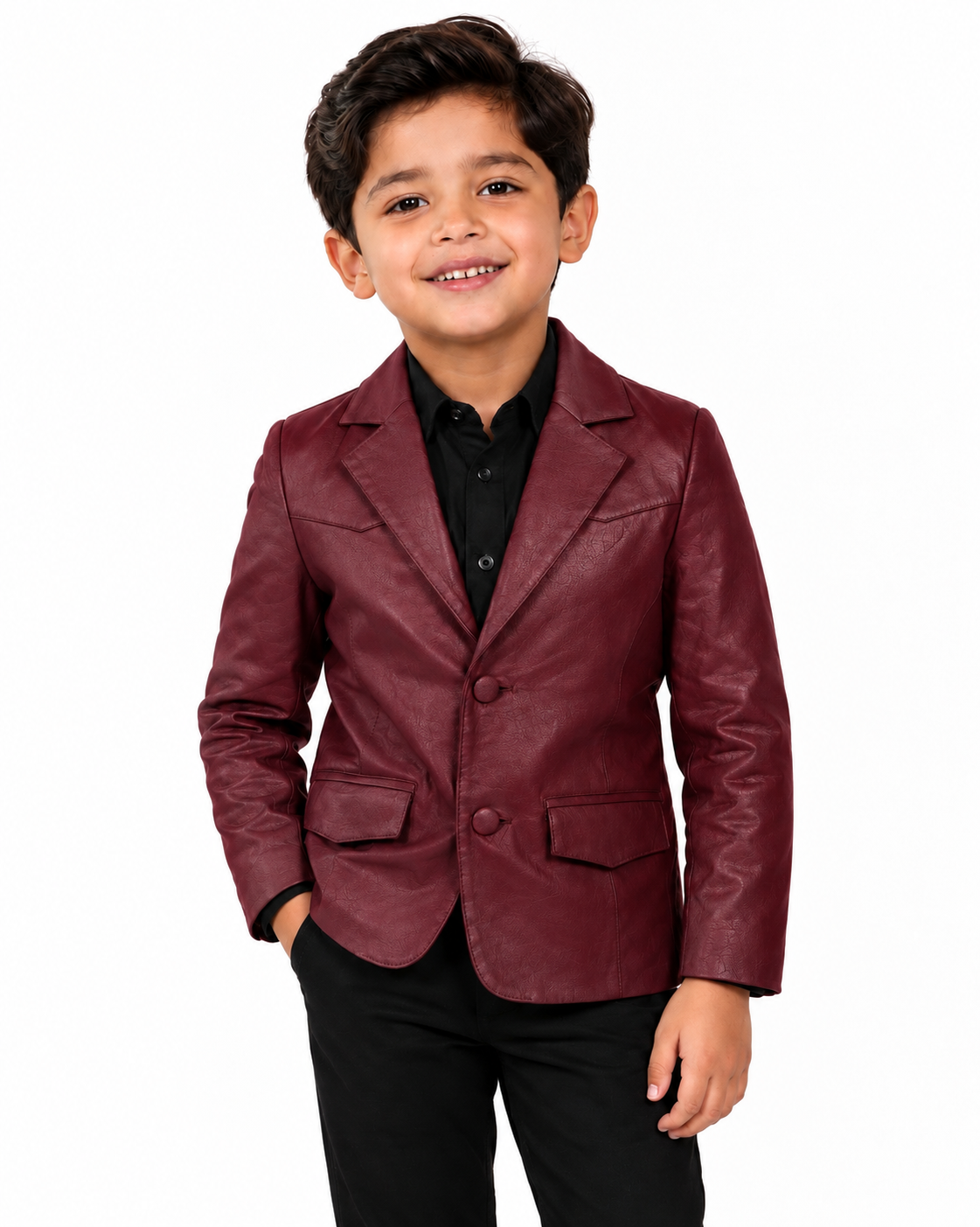 Kids Genuine Lambskin Leather Blazer –  Burgundy