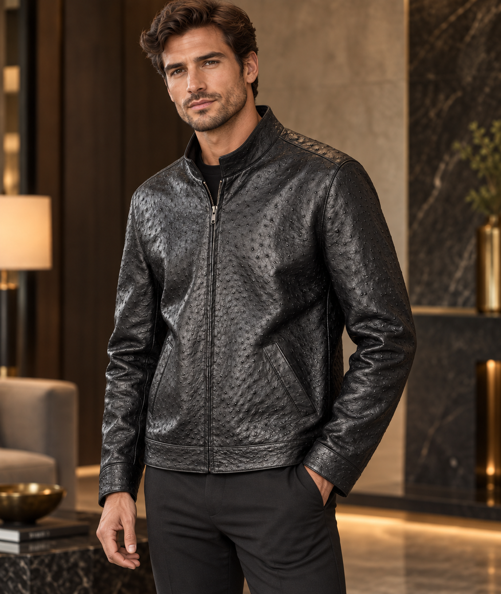 100% Genuine Full-Quill Ostrich Leather Jacket — Not Embossed