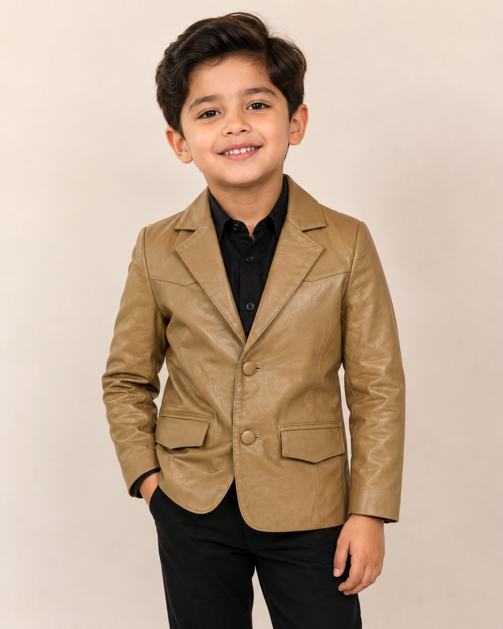 Kids Genuine Lambskin Leather Blazer – Tan/Camel