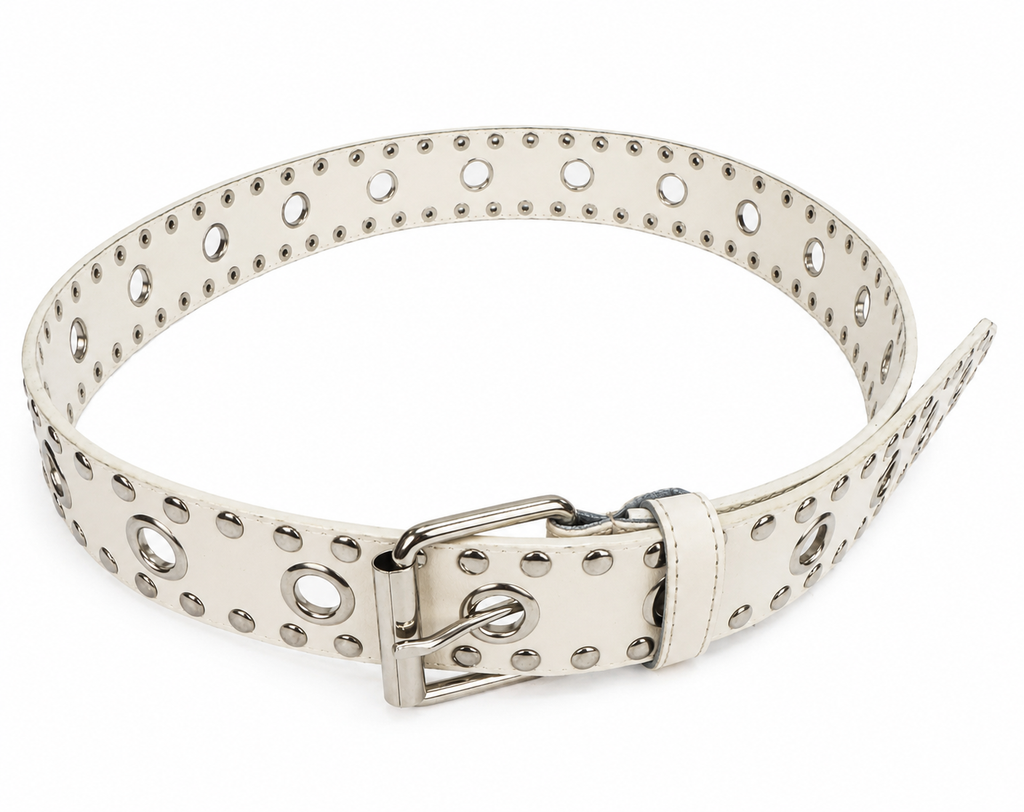 Women’s White Faux Leather Grommet Belt – Silver Studded Punk Western Fashion Belt