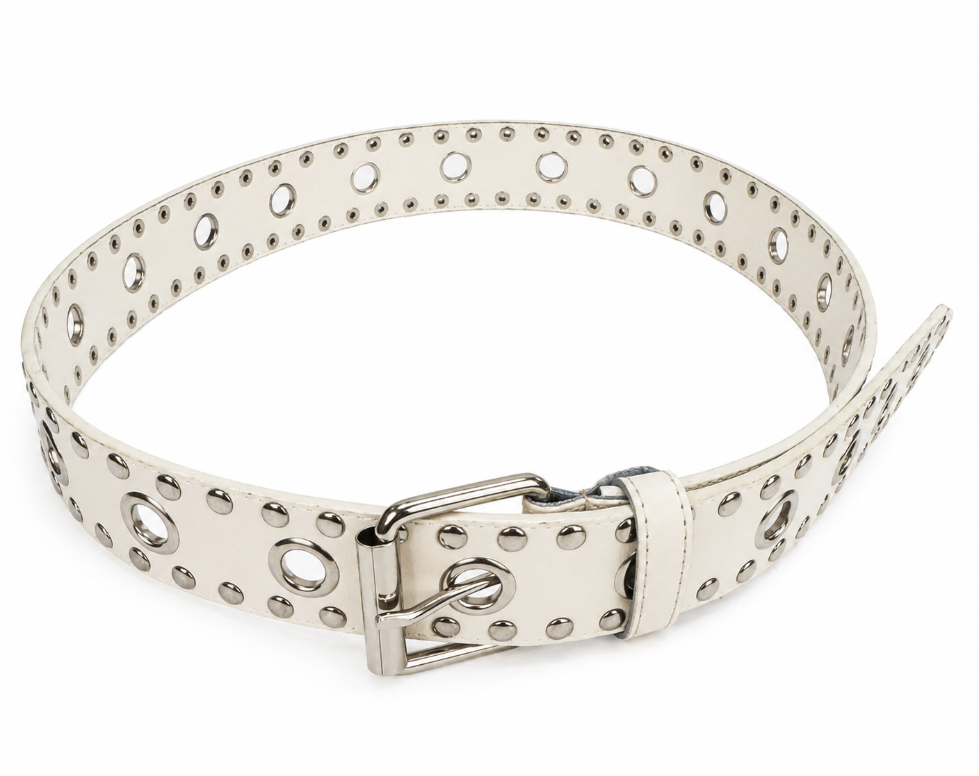 Women’s White Faux Leather Grommet Belt – Silver Studded Punk Western Fashion Belt