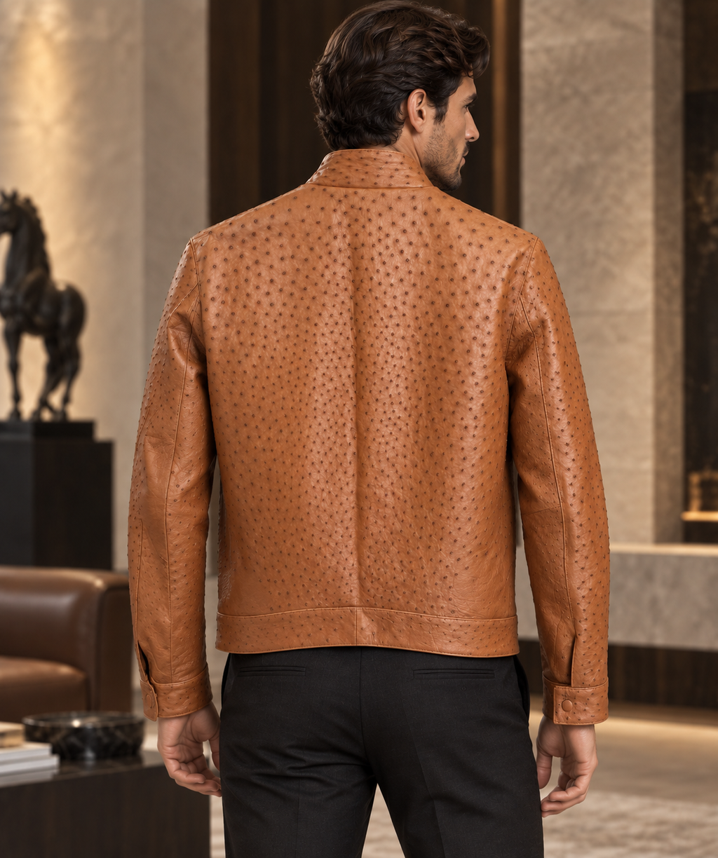 100% Genuine Full-Quill Ostrich Leather Jacket — Not Embossed