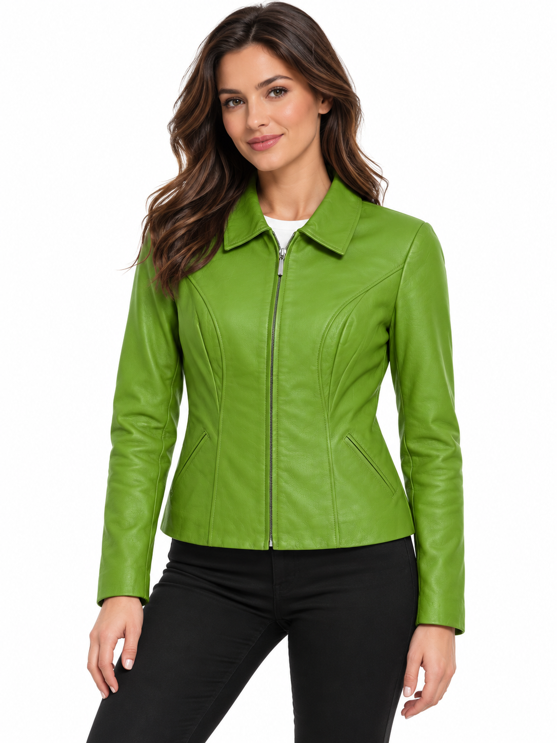 Women’s Genuine Leather Fitted Jacket – Green Zip-Front Jacket with Collar and Side Pockets