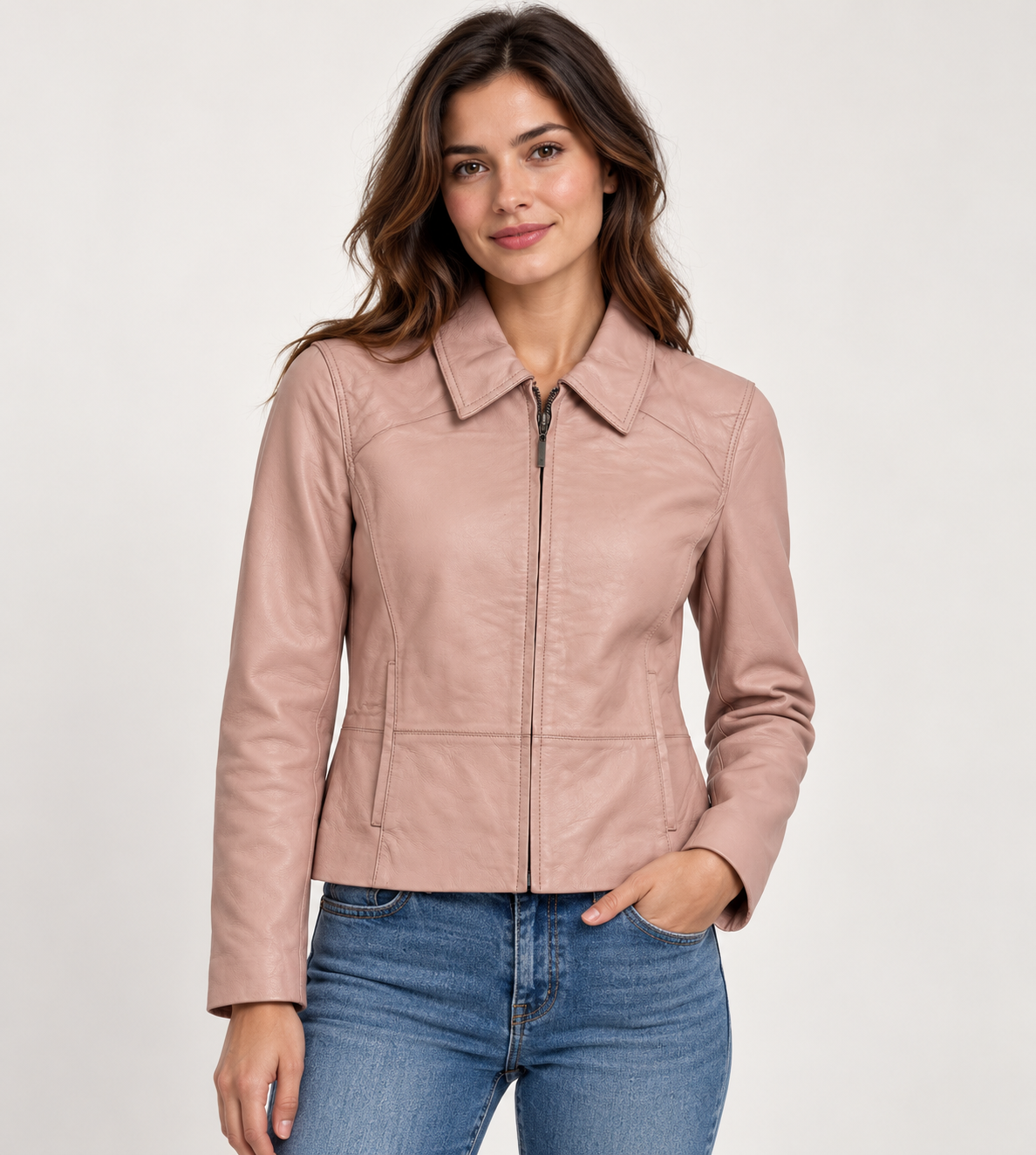Women’s Genuine Leather Jacket – Pink Zip-Front Fitted Coat with Pointed Collar and Side Pockets