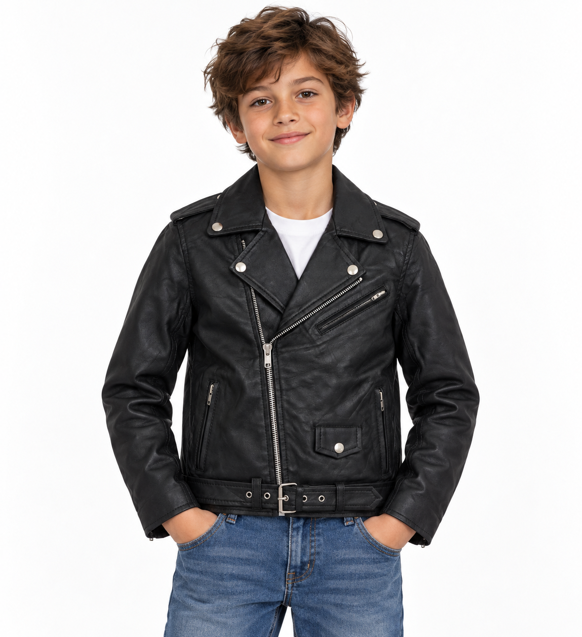 Black Genuine Leather Biker Jacket with Asymmetrical Zip, Belt, and Multiple Pockets