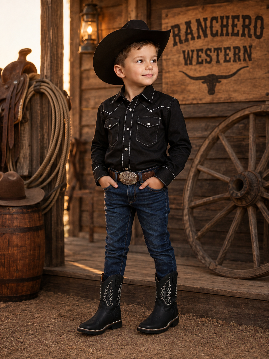 Kids Genuine Leather Black Cowboy Boots – Western Embroidered