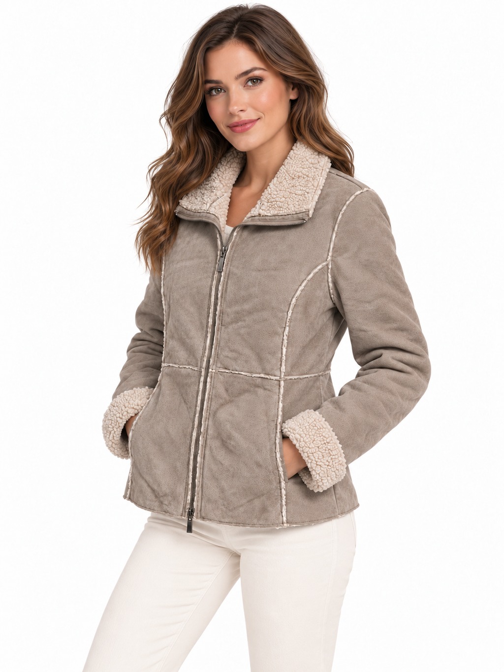 Women’s Genuine Suede Leather Jacket with Faux-Shearling Lining – Full-Zip Warm Winter Coat