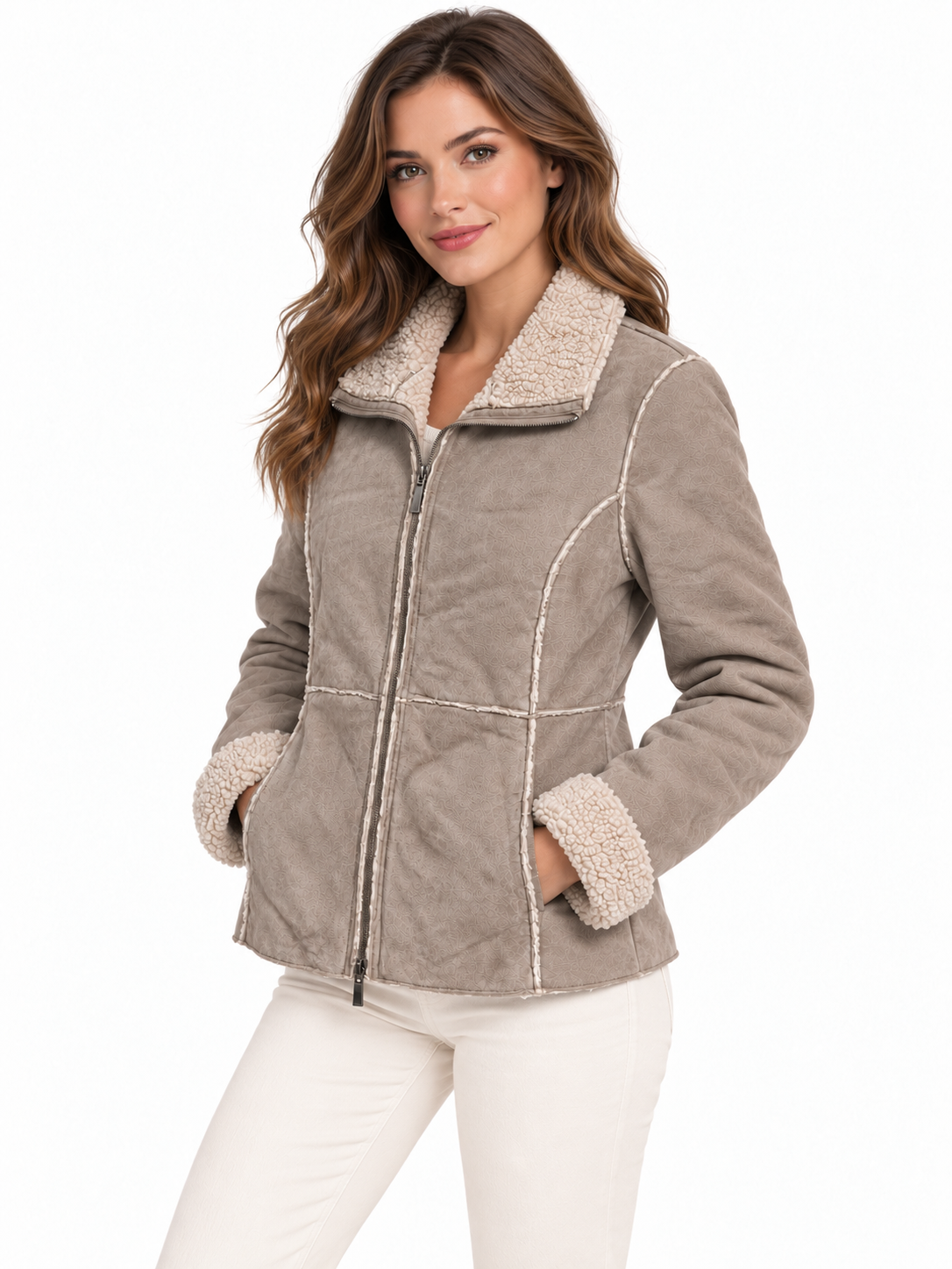 Women’s Genuine Suede Leather Jacket with Faux-Shearling Lining – Full-Zip Warm Winter Coat