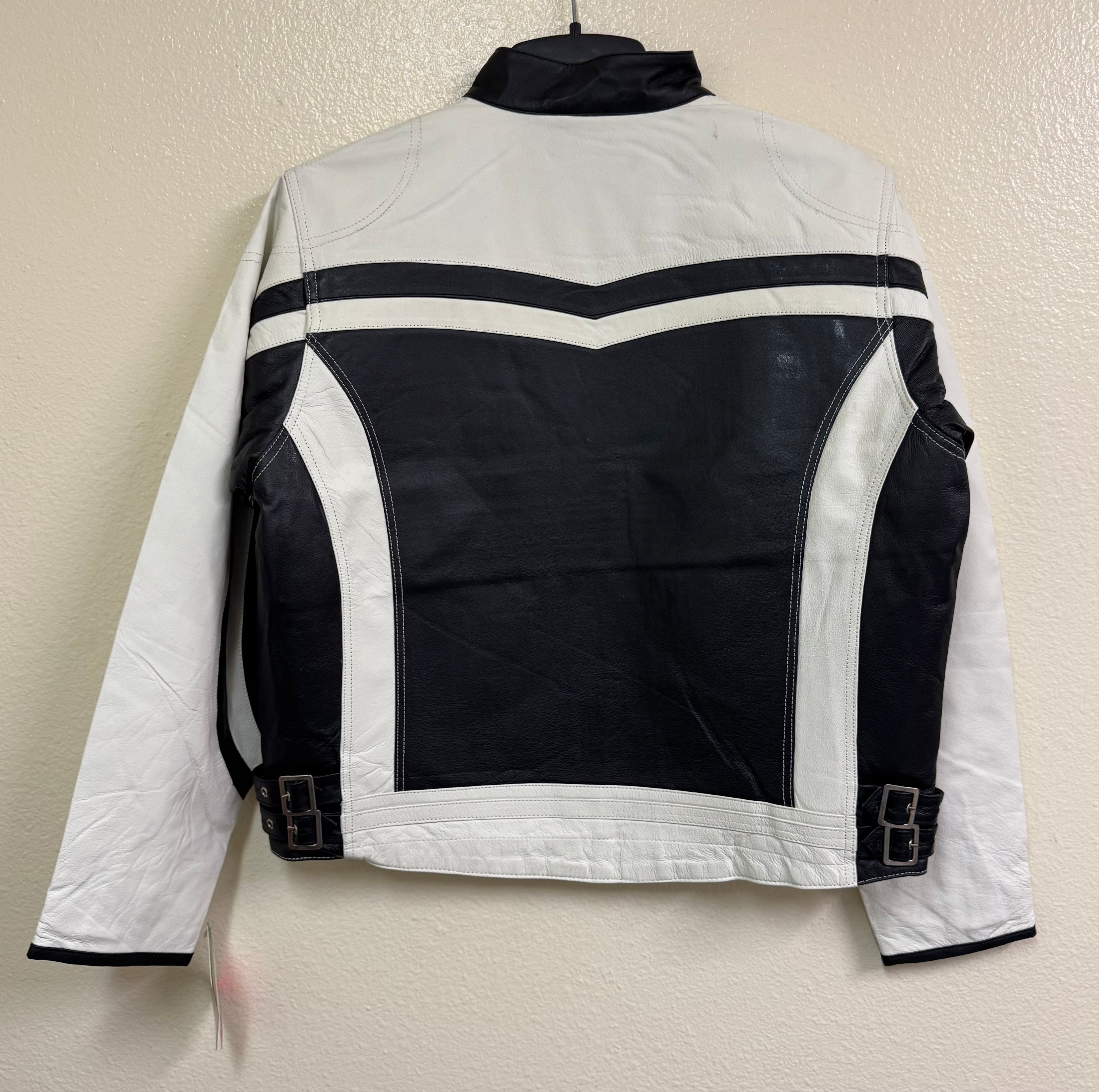 Women’s Genuine Leather Black & White Motorcycle Jacket  Handcrafted