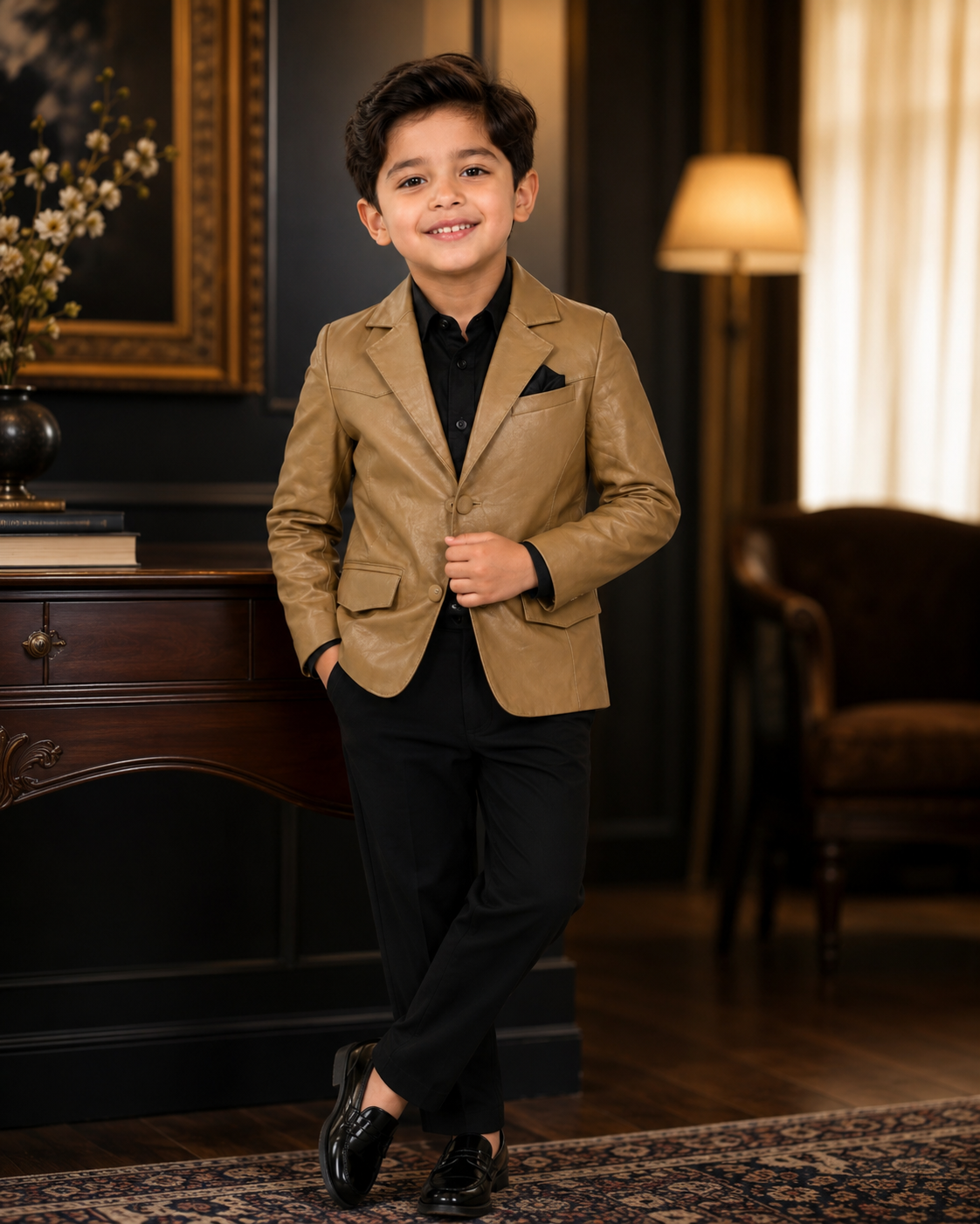 Kids Genuine Lambskin Leather Blazer – Tan/Camel