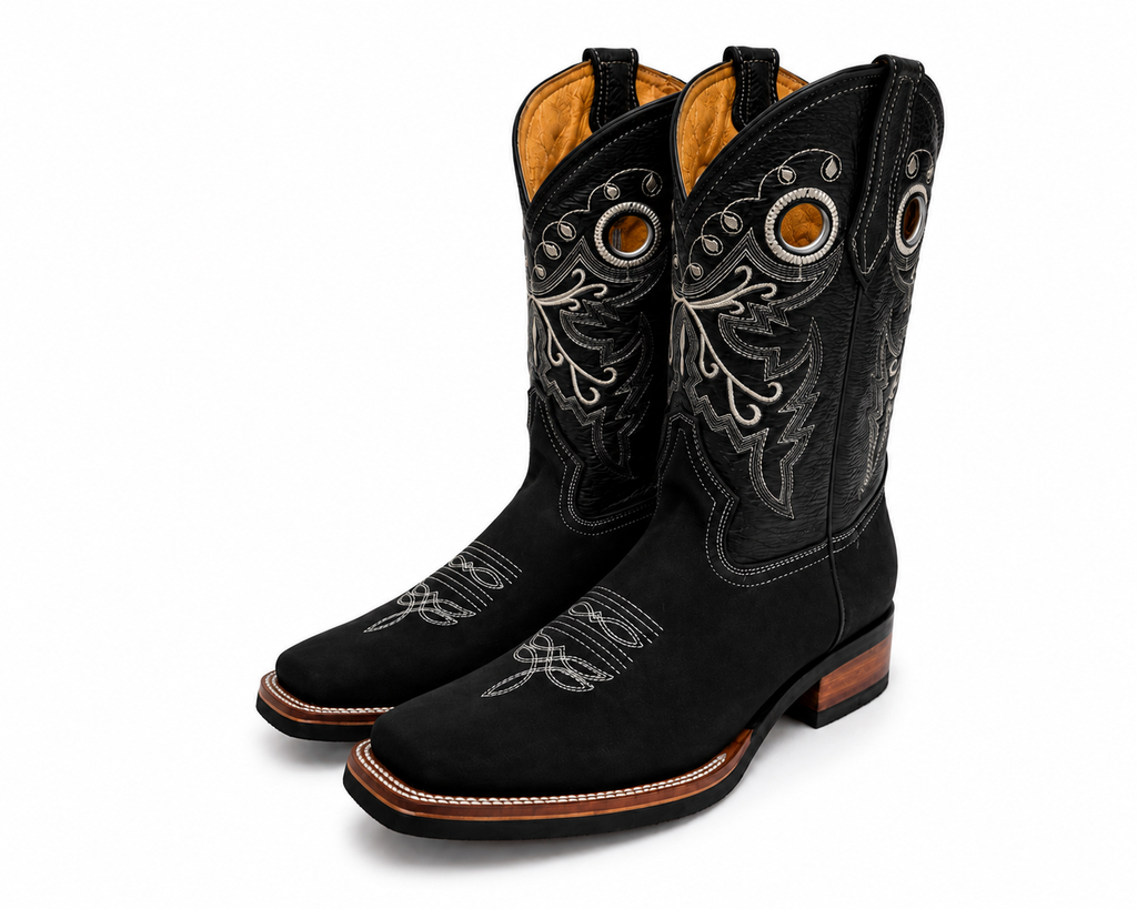Men’s Genuine Leather Cowboy Rodeo Boots – Black Square Toe Western Boots