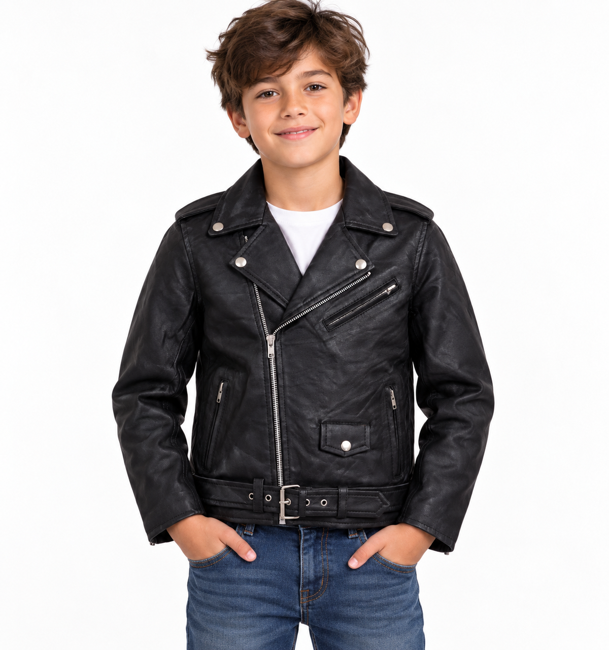 Black Genuine Leather Biker Jacket with Asymmetrical Zip, Belt, and Multiple Pockets