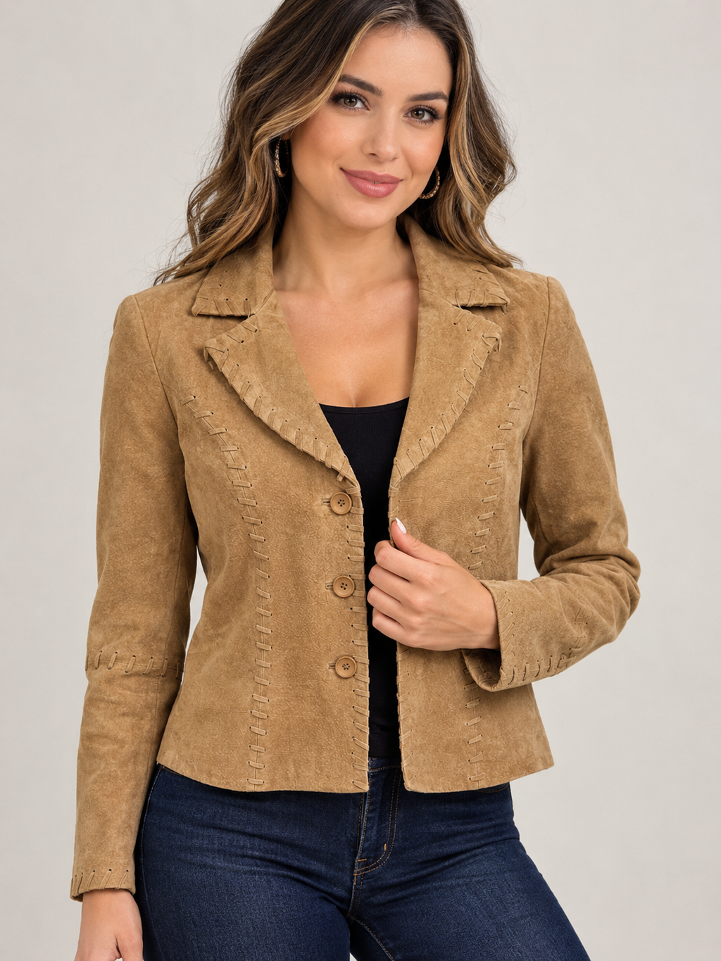 Women’s Genuine Tan Suede Leather Jacket – Button