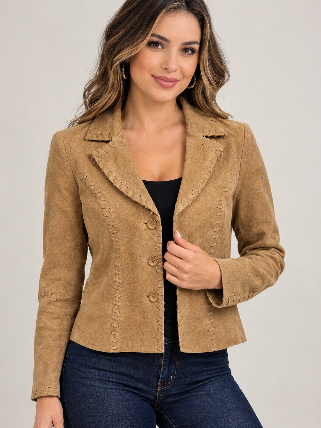 Women’s Genuine Tan Suede Leather Jacket – Button
