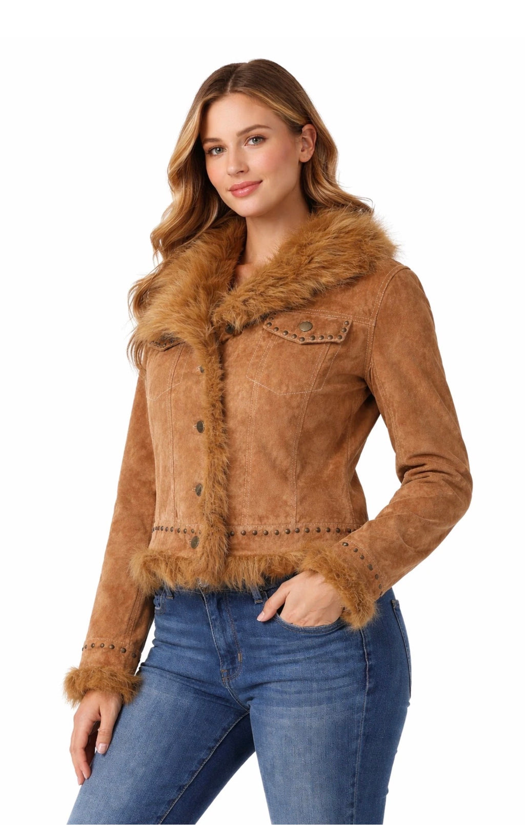 Women’s Genuine Suede Leather Jacket with Faux Fur Trim – Western Studded Cropped Jacket